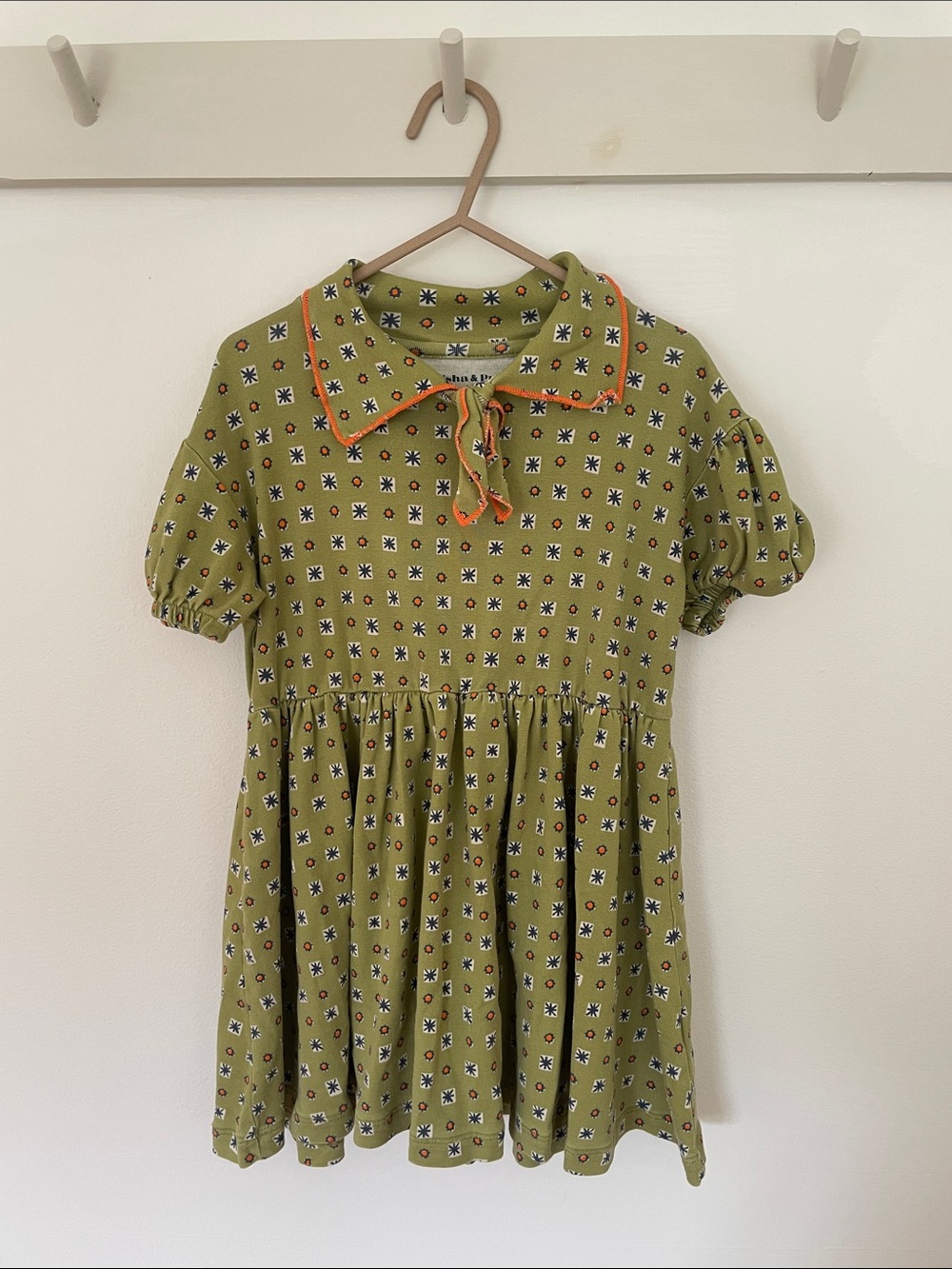 Misha And Puff Olive Green Floral Print Dress with Orange Trim